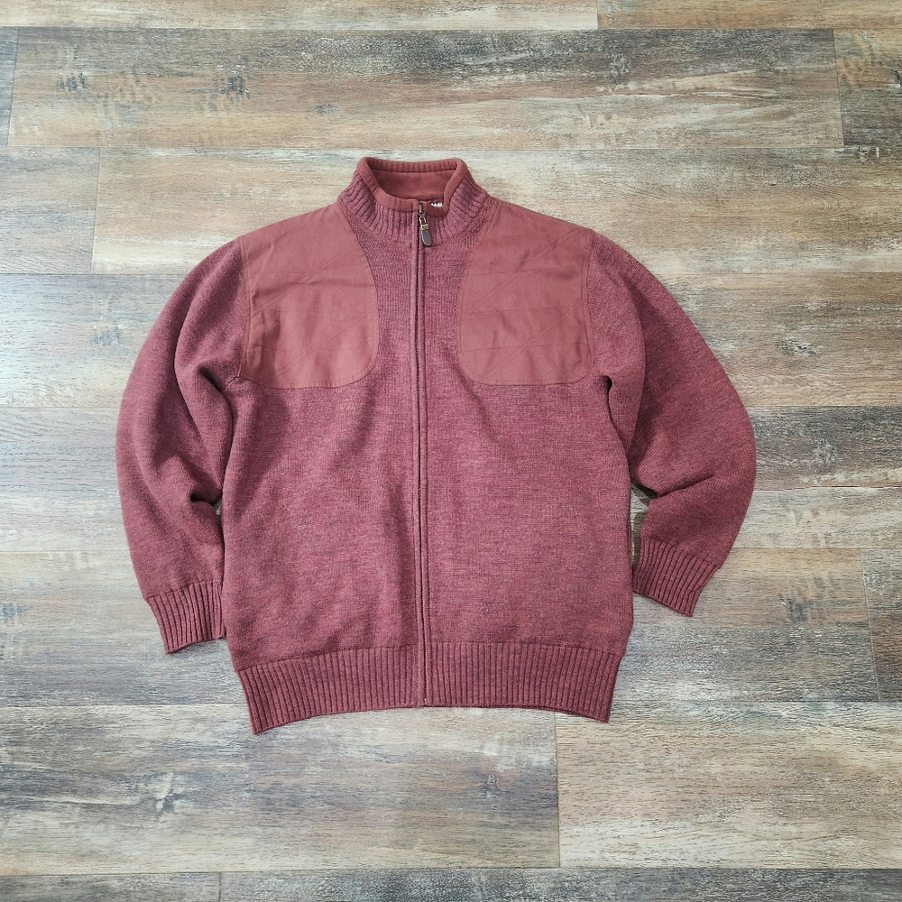 Orvis Mens Shooting Sweater Cardigan Wool Rust Red Wool   Shoulder Patches